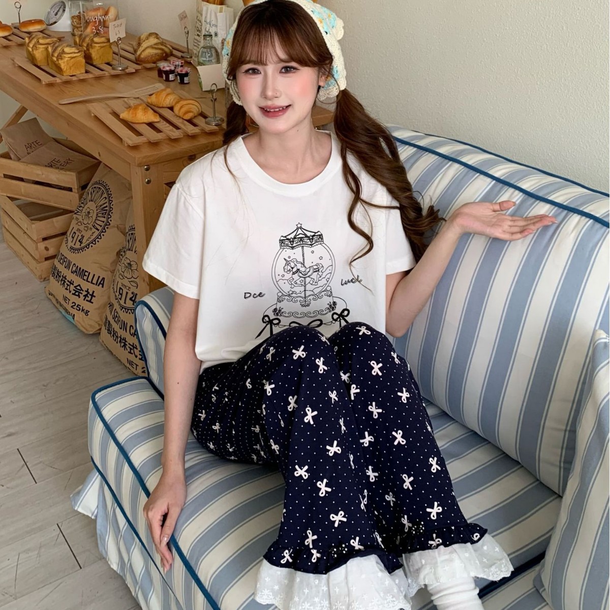 新款甜美蝴蝶结印花本命年大红色睡衣女抗菌棉短袖长裤家居服套装