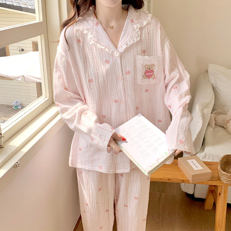 薇尔妮丝长袖睡衣女款纯棉春秋双层棉纱布宽松卡通印花家居服套装