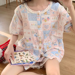 甜美卡通家居服女 25夏款 棉纱布全棉蕾丝花边短袖 短裤 女士睡衣套装