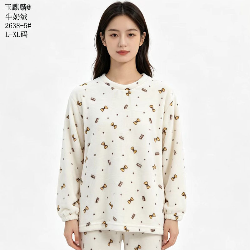 玉麒麟牛奶绒2026秋冬中厚套装保暖家居服圆领女外穿特价女款睡衣