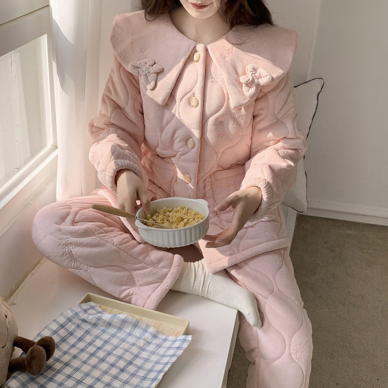 薇尔妮丝冬季保暖珊瑚绒三层夹棉加厚睡衣女加绒法兰绒家居服套装