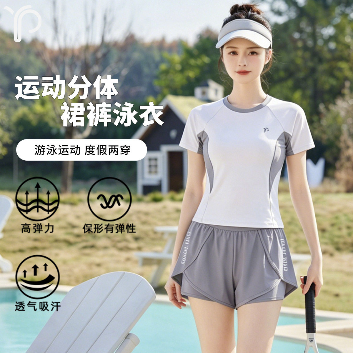 开心缘微胖分体泳衣女高级感保守显瘦游泳运动度假短袖假两穿泳装