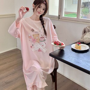 睡棠甜美蝴蝶结小熊长袖睡裙女爽棉宽松荷叶边可外穿中长款家居服