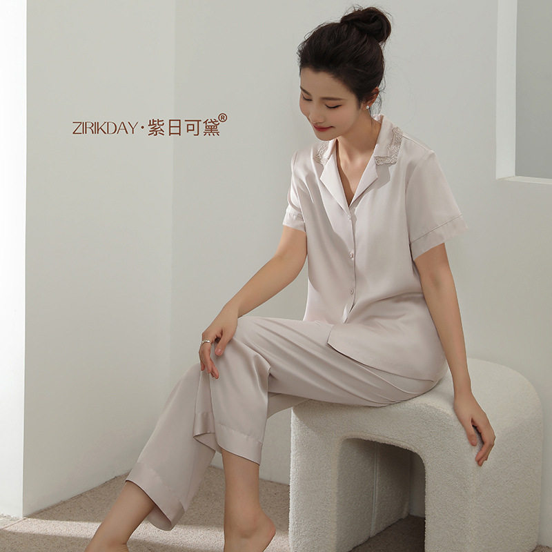 醋酸睡衣女款春秋季欧根纱领短袖翻领开衫套装网红高级感家居服夏
