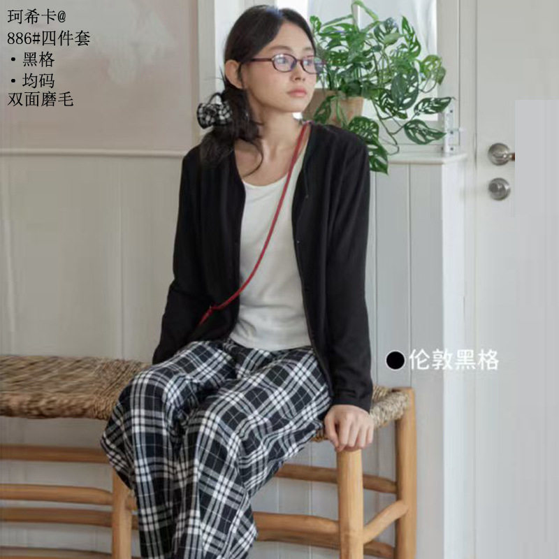 珂希卡双面磨毛四件套外穿2026秋冬加厚开衫睡衣女士中厚冬家居服