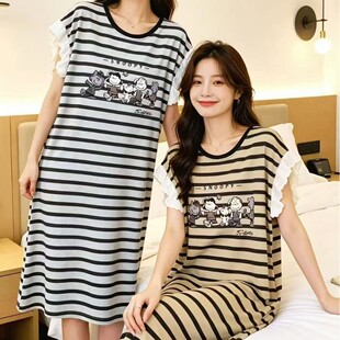 2026佐美妮女款夏季卡通印花睡裙圆领蕾丝拼接袖边睡衣1457女士裙