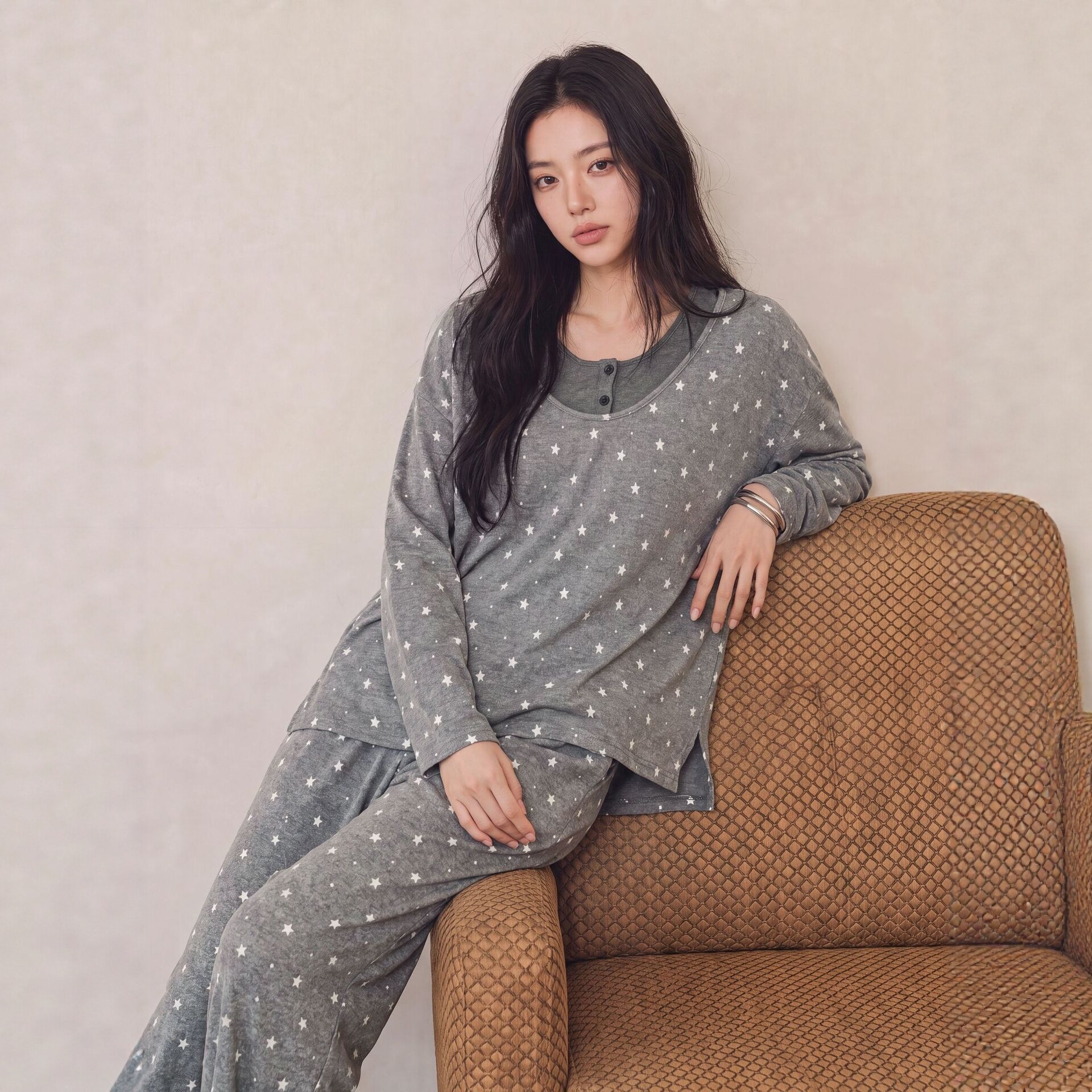 卜奈韩国风三件套星星印花长袖睡衣女春秋宽松慵懒风可外穿家居服