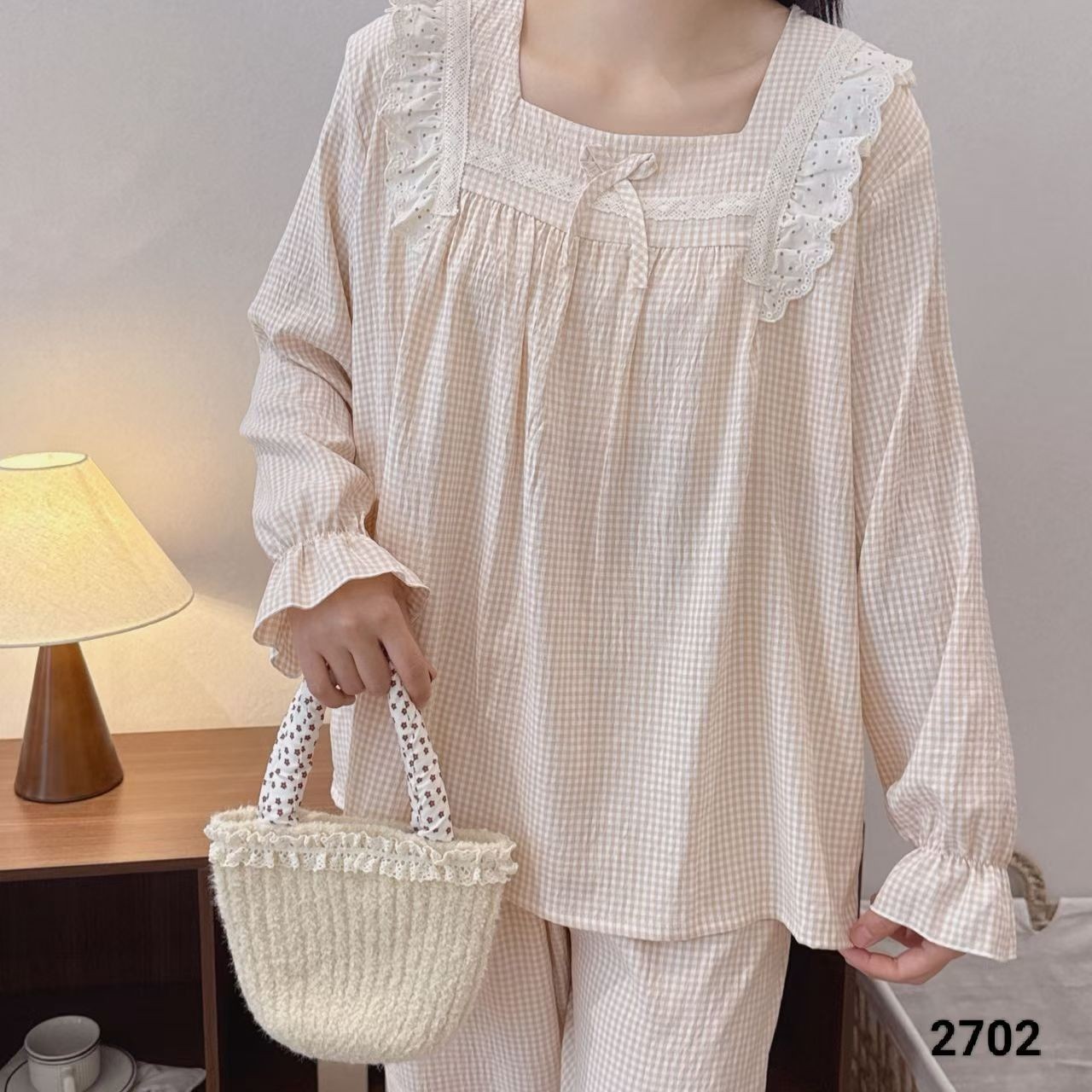 婷丝宇爆款格子女睡衣春秋款2026新款套头可外穿家居服2702