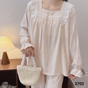 婷丝宇爆款格子女睡衣春秋款2026新款套头可外穿家居服2702