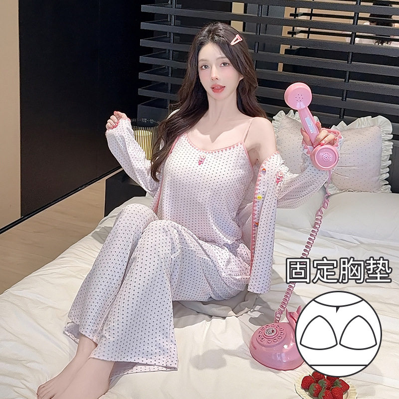 薇尔妮丝春夏新款睡衣女提花棉性感吊带纯欲风带胸垫三件套家居服