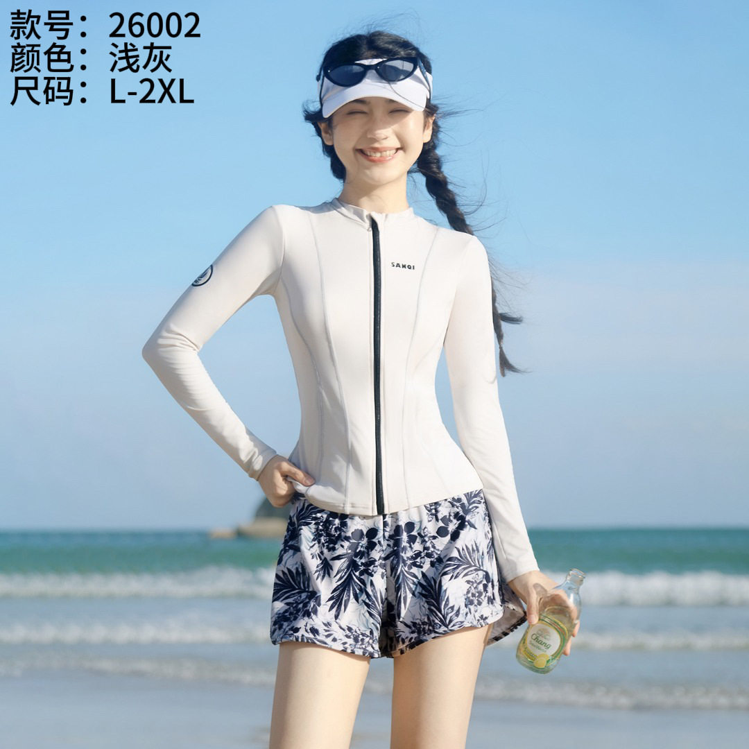 三奇26002成人泳衣女分体两件套平角短裤长袖防晒海边度假游泳衣