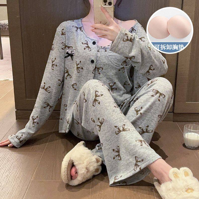 绵羊绒睡衣女秋冬季新款甜美纯欲风带胸垫长袖三件套家居服可外穿
