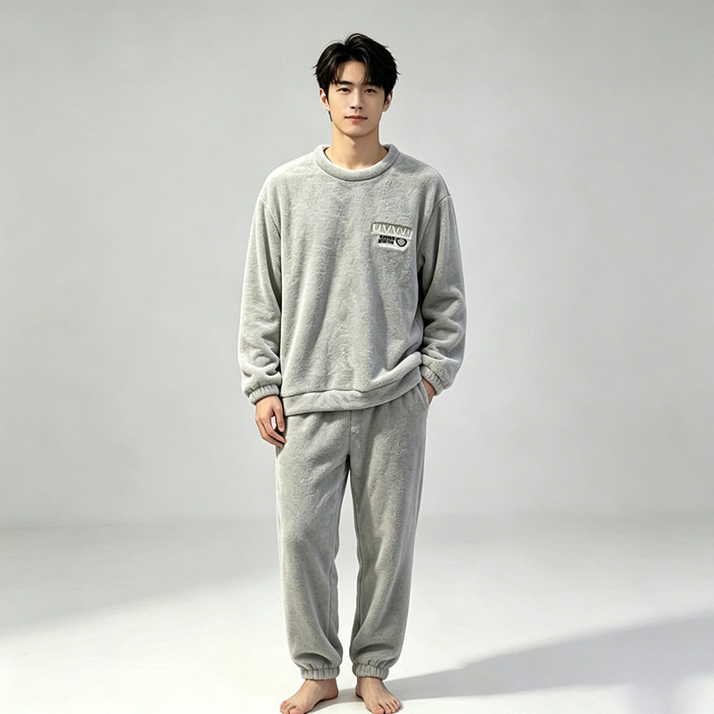 男生秋冬加厚绒款睡衣纯色圆领束脚两件套居家服宽松舒适睡衣特价