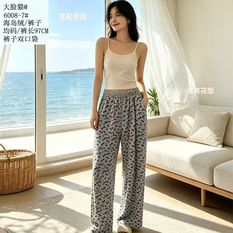 大脸猫秋冬海岛绒印花外穿长裤睡裤双口袋加厚保暖裤子女裤睡衣