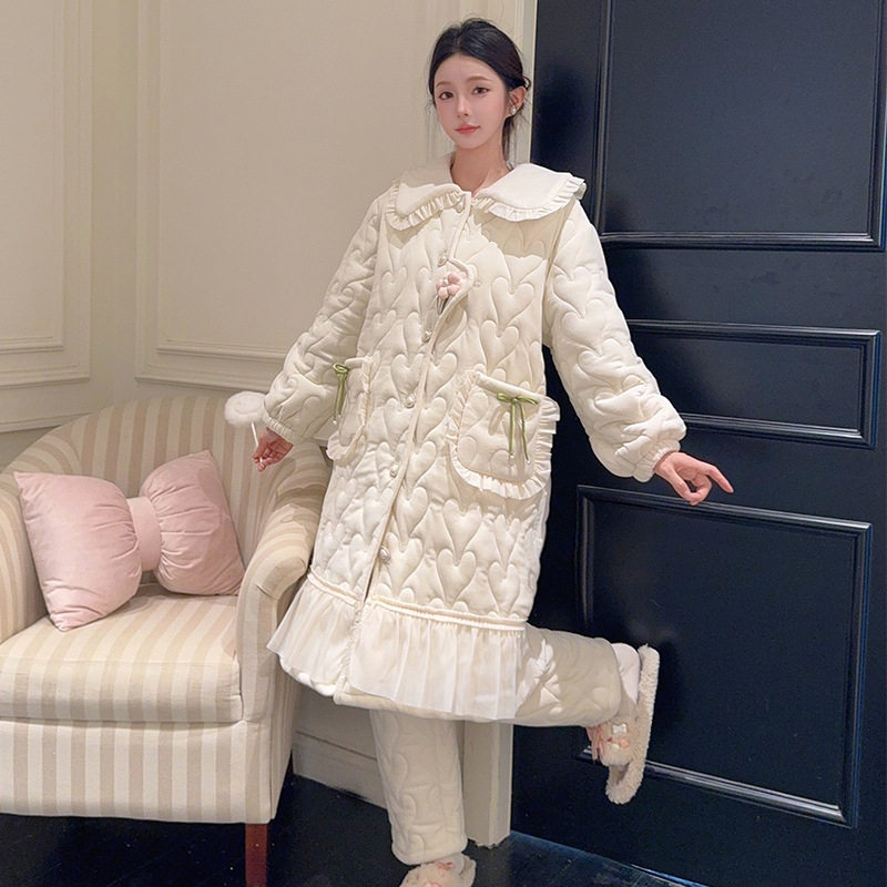 薇尔妮丝珊瑚绒睡衣女冬三层夹棉睡袍加厚加绒公主保暖家居服套装