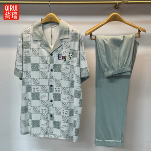 绮瑞情侣短袖纯棉长裤休闲翻领纯棉睡衣男女士春夏半袖家居服套装