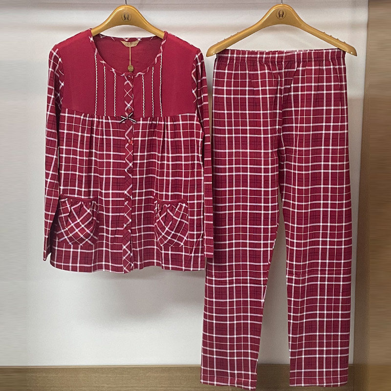 绮瑞春秋季女士长袖红色格子睡衣休闲圆领开衫小码全棉家居服套装