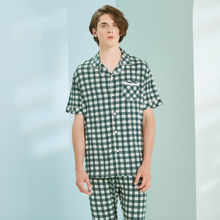 绮瑞家居服男夏天短袖长裤前扣开身冰丝莫代尔薄款格子睡衣可出门