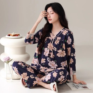 绮瑞女士秋冬季莫代尔棉时尚印花七分袖长裤睡衣套装女宽松家居服