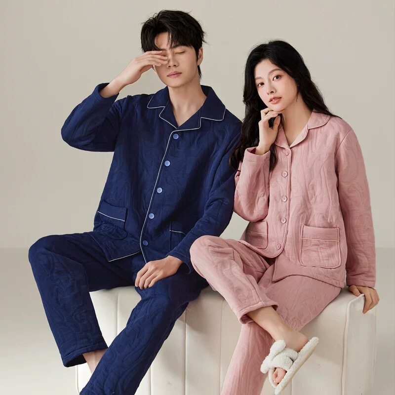 绮瑞冬季情侣睡衣纯棉三保暖空气夹层里外纯棉中间夹层家居服套装