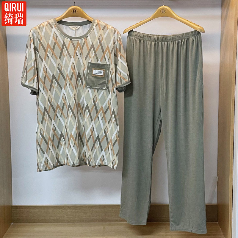 绮瑞男士夏季莫代尔睡衣休闲圆领短袖长裤家居服大码套装夏天睡衣