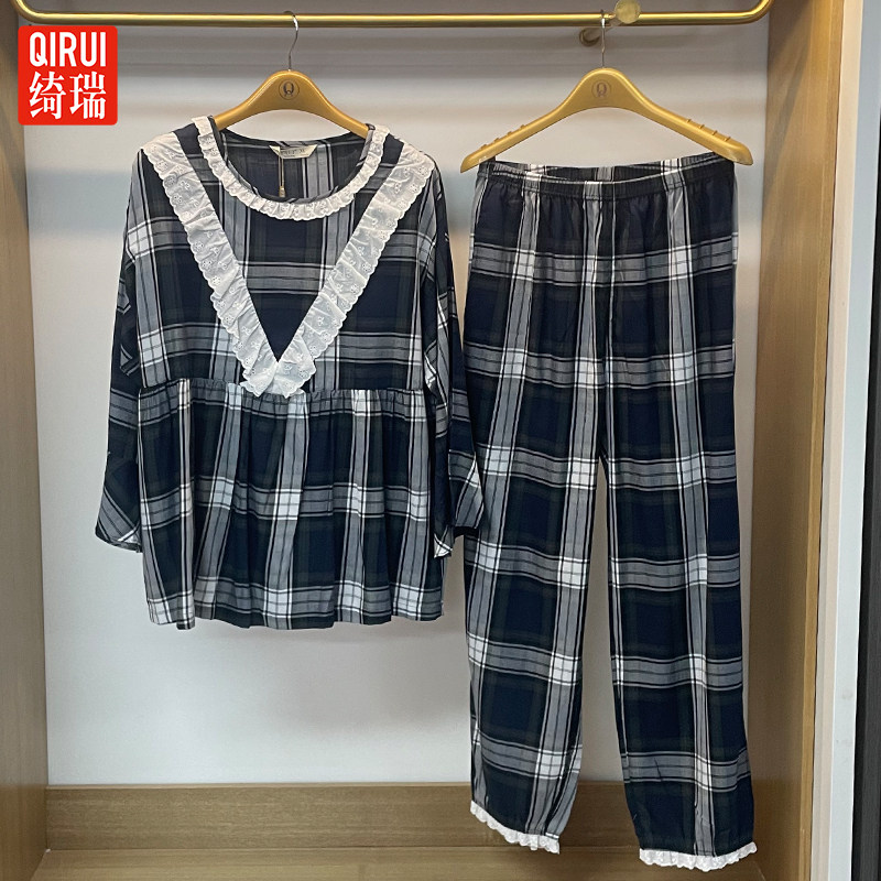 绮瑞情侣家居服男女士梭织棉格子布无弹力时尚薄款睡衣韩版居家服