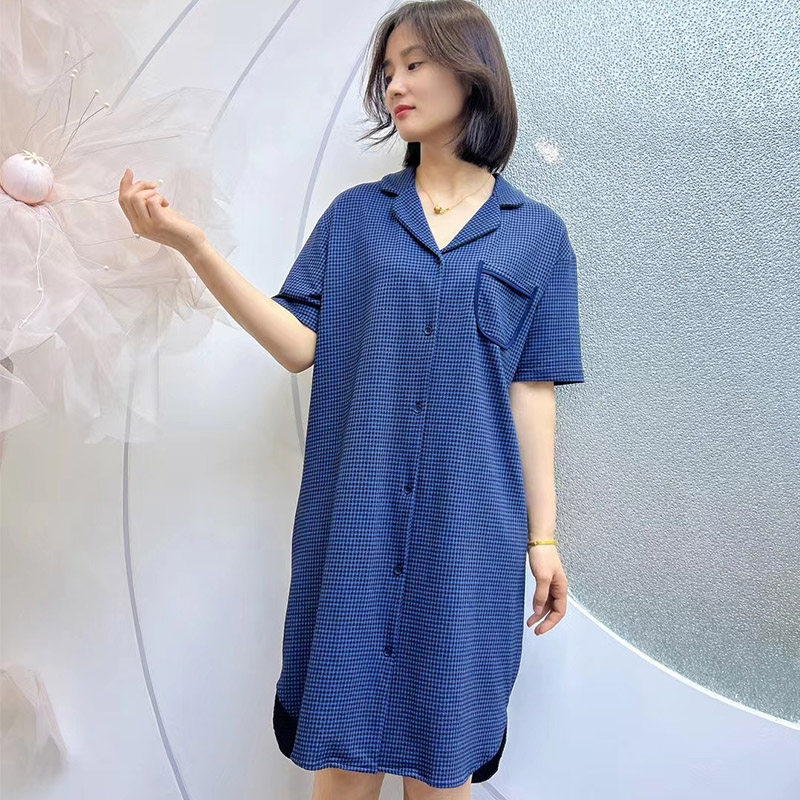 绮瑞女士华夫格深蓝时尚衬衫睡裙