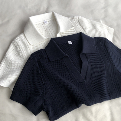 法式基因 极简V领翻领纯棉针织短袖T恤polo衫法式美学套头上衣