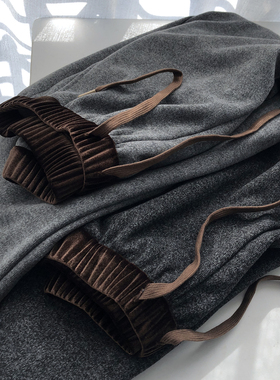 松弛row风 丝绒撞色腰心机复古灰色休闲直筒裤女百搭显瘦阔腿长裤