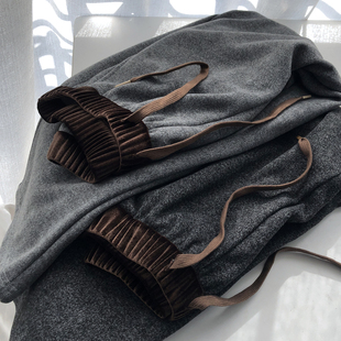 女百搭显瘦阔腿长裤 松弛row风 丝绒撞色腰心机复古灰色休闲直筒裤