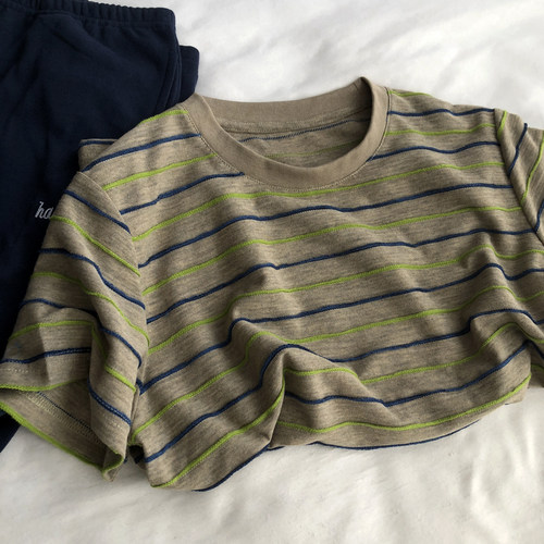 含麻色织立体感条纹撞色韩版女短袖T恤新款百搭圆领套头上衣tee