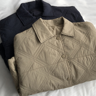 收尾秒杀！韩系高品 菱形格拼接棉服夹克外套女翻领宽松薄棉衣