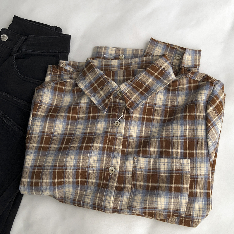 温柔奶茶 微厚磨毛格子秋冬季女衬衫