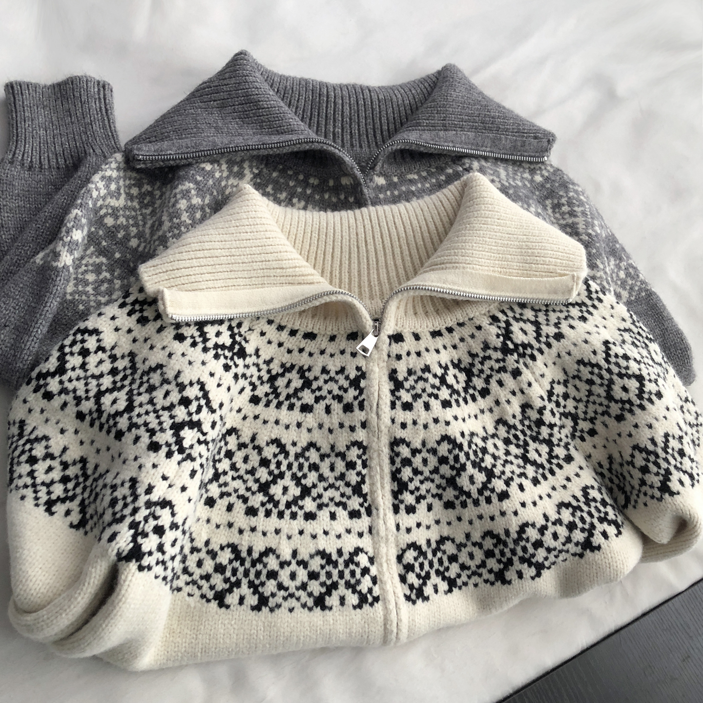 费尔岛提花复古大翻领拉链外套加厚毛衣女秋冬针织开衫上衣