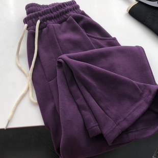 女松紧腰围百搭阔腿裤 米妮舒适休闲直筒裤 子秋 韩版 葡萄紫
