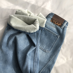 豹纹~撞色贴标显瘦秋冬加厚绒保暖牛仔裤女高腰直筒阔腿长裤