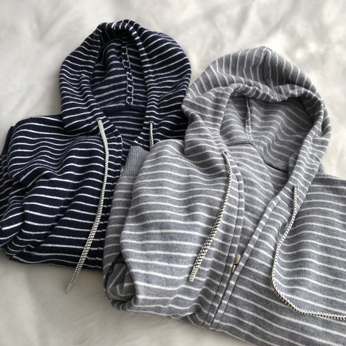 简约条纹连帽针织开衫外套双拉链秋冬韩版休闲百搭毛衣