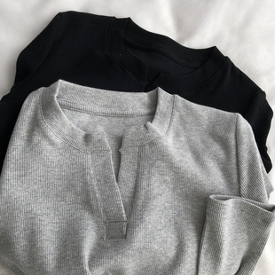 打底 秋季 螺纹显瘦长袖 V字圆领T恤衫