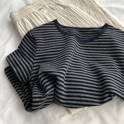 撞色刺绣小字母复古条纹短袖T恤春