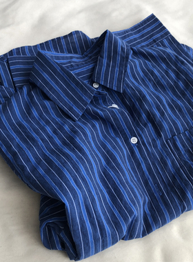 莫妮卡蓝 撞色竖条纹水洗棉质衬衫女慵懒休闲bf长袖开衫