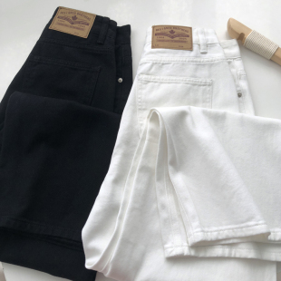 慵懒黑白棉质舒适休闲直筒长裤 女春夏 高腰显瘦宽松阔腿裤