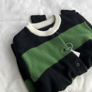 撞色绿/复古 含兔毛绵羊毛条纹圆领针织开衫长袖百搭拼色毛衣春