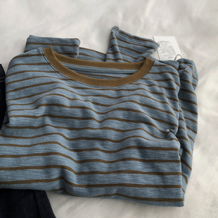 新款 韩系撞色chic条纹长袖 上衣秋季 圆领套头休闲打底衫 T恤衫