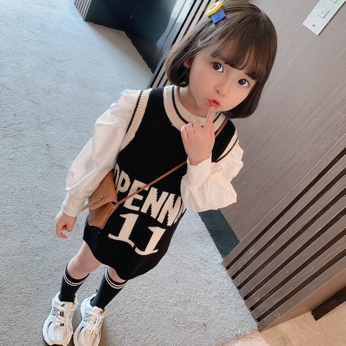 5536新款春秋款女童洋气马甲裙长款背心针织衫百搭黑色系亲子毛衣