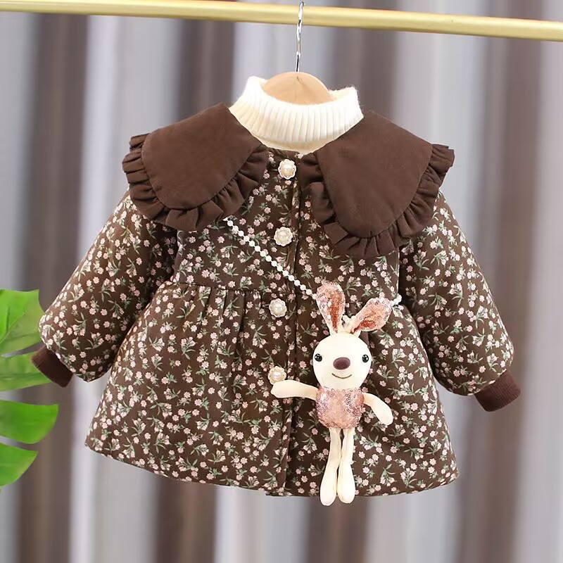 2024冬季新款碎花棉衣女童宝宝加绒加厚中长款大翻领棉服童厚