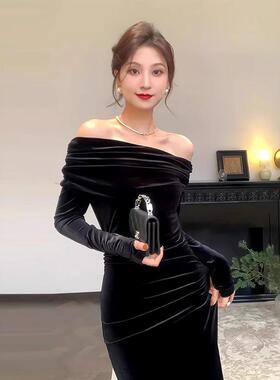 生日裙子高级感赫本风订婚礼服高端轻奢小众黑色一字肩丝绒连衣裙