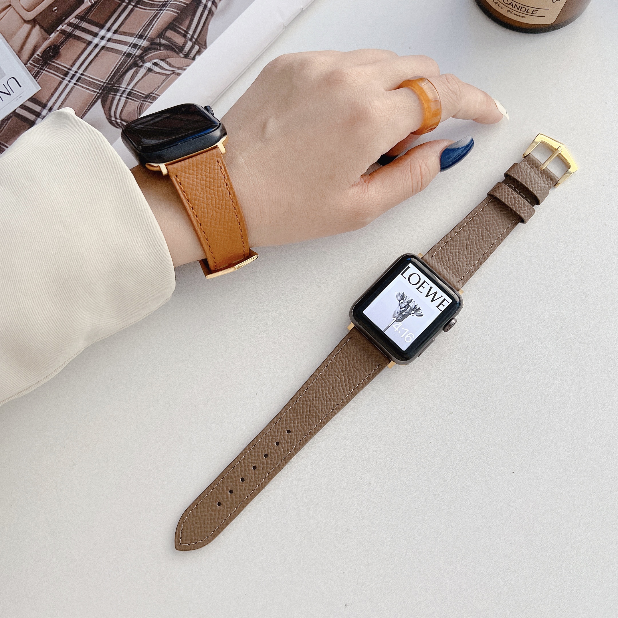 新款自制男女同款柔软皮质苹果手表带适用iwatch87SE654321替换带