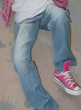 欧美式高街蓝色直筒做旧水洗牛仔裤男女情侣款嘻哈宽松阔腿长裤潮