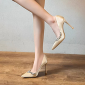 313233裸色高跟鞋 女尖头绝美水钻法式 气质细跟单鞋 小码 大码 41一43