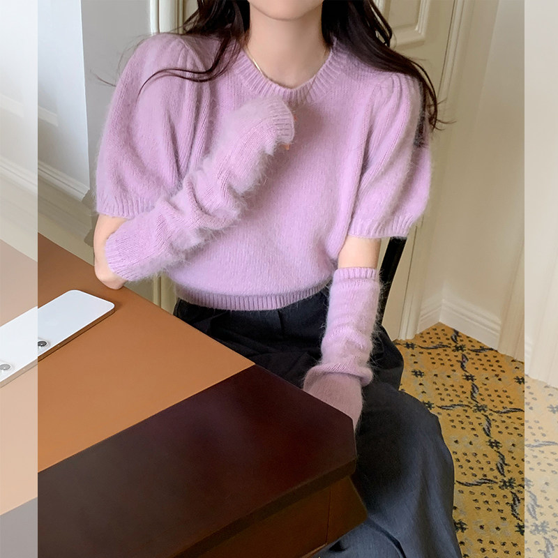 泡泡袖分袖套紫色短款毛衣女秋冬设计慵懒温柔软糯套头针织衫上衣